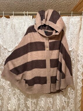 Women’s WOOL Hooded Striped Button-Front Poncho Sweater - Brown/Taupe